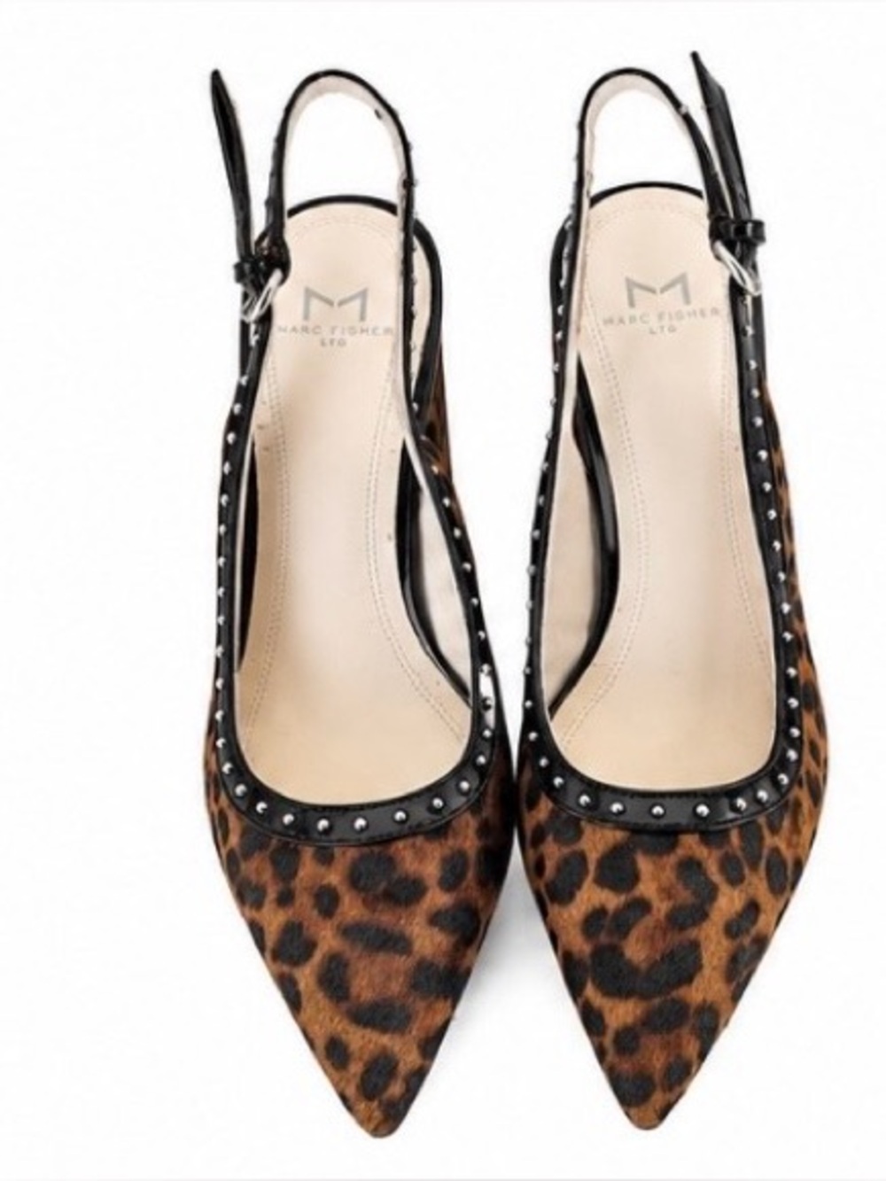 Marc Fisher LTD Leopard Print Studded Pointed Toe Slingback Heels - Picture 2 of 6
